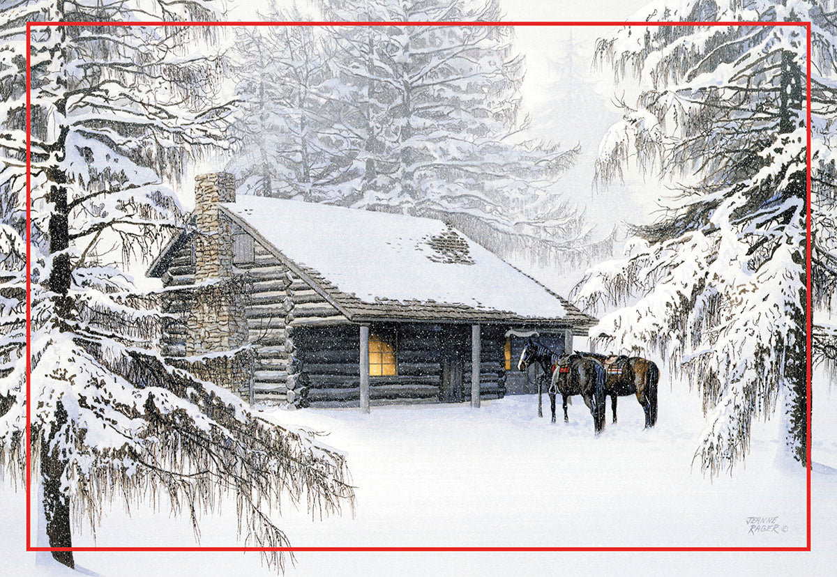 Cabin with Horses in the Snow Christmas Card