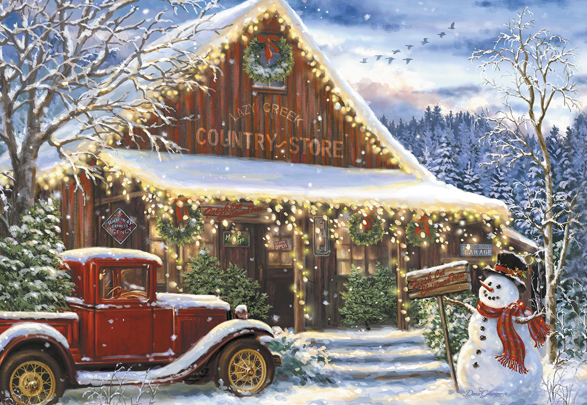 SEO-optimized image of a cozy, snow-covered country store decorated with festive string lights and wreaths, set at dusk. A vintage red pickup truck is parked in front, and a cheerful snowman holds a 'Happy Holidays' sign. Evergreen trees and flying birds complete the nostalgic winter landscape.