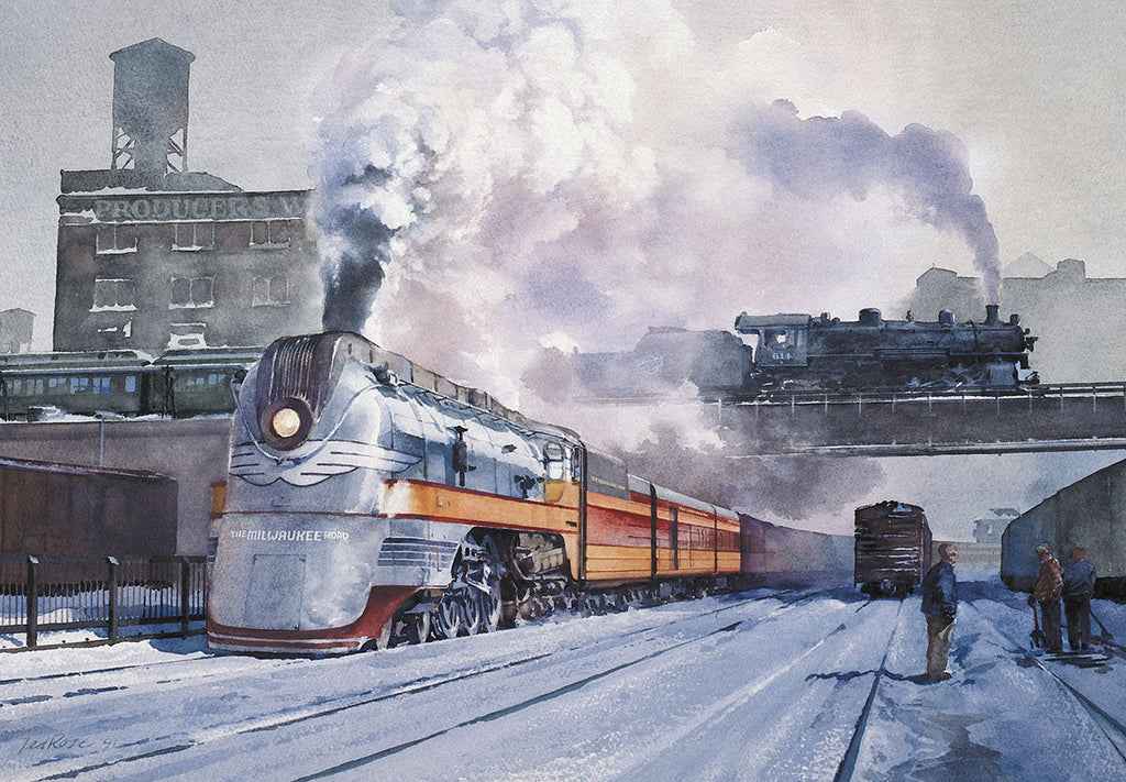 SEO optimized watercolor painting of the Milwaukee Road Hiawatha streamlined train in a snowy rail yard, with steam rising, another train on an elevated bridge, and figures on the tracks. Perfect for Christmas card artwork, appealing to train enthusiasts.
