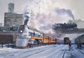 SEO optimized watercolor painting of the Milwaukee Road Hiawatha streamlined train in a snowy rail yard, with steam rising, another train on an elevated bridge, and figures on the tracks. Perfect for Christmas card artwork, appealing to train enthusiasts.