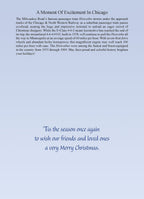 Inside view of a holiday greeting card featuring elegant script text: 'Tis the season once again to wish our friends and loved ones a very Merry Christmas, alongside a historical description of the Hiawatha train.