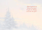 SEO-optimized alt description for the inside of a premium holiday greeting card with a soft, faded snowy evergreen forest background. The red cursive message reads: 'May the joyful spirit of Christmas ride with you throughout the Holidays and into the New Year!' Ideal for heartfelt season's greetings.