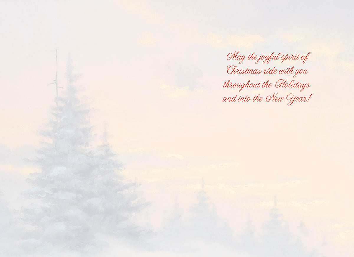 SEO-optimized alt description for the inside of a premium holiday greeting card with a soft, faded snowy evergreen forest background. The red cursive message reads: 'May the joyful spirit of Christmas ride with you throughout the Holidays and into the New Year!' Ideal for heartfelt season's greetings.