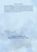 Inside of a holiday greeting card with a soft watercolor background and the printed message: 'Happy Holidays and Best Wishes for the New Year!'.