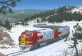 Santa Fe Super Chief train art, red and silver diesel engine, winding through snowy mountains, holiday greeting card illustration, vintage train artwork.