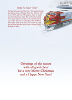 Inside of Santa Fe Super Chief Christmas card, train description, and 'Greetings of the season with all good cheer for a very Merry Christmas and a Happy New Year!' message, classic holiday card.
