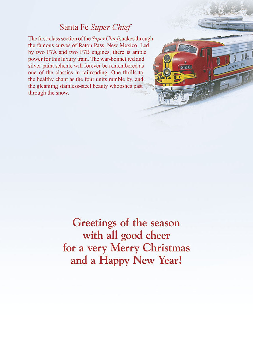 Inside of Santa Fe Super Chief Christmas card, train description, and 'Greetings of the season with all good cheer for a very Merry Christmas and a Happy New Year!' message, classic holiday card.