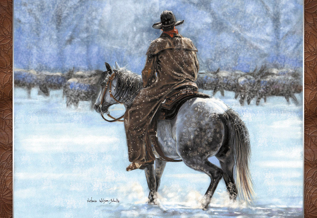 Western art greeting card featuring a cowboy on horseback, guiding a cattle herd through a serene, snow-covered winter landscape under a muted sky, conveying rugged charm and holiday spirit.