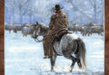 Western art greeting card featuring a cowboy on horseback, guiding a cattle herd through a serene, snow-covered winter landscape under a muted sky, conveying rugged charm and holiday spirit.