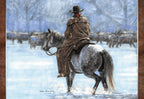 Western art greeting card featuring a cowboy on horseback, guiding a cattle herd through a serene, snow-covered winter landscape under a muted sky, conveying rugged charm and holiday spirit.