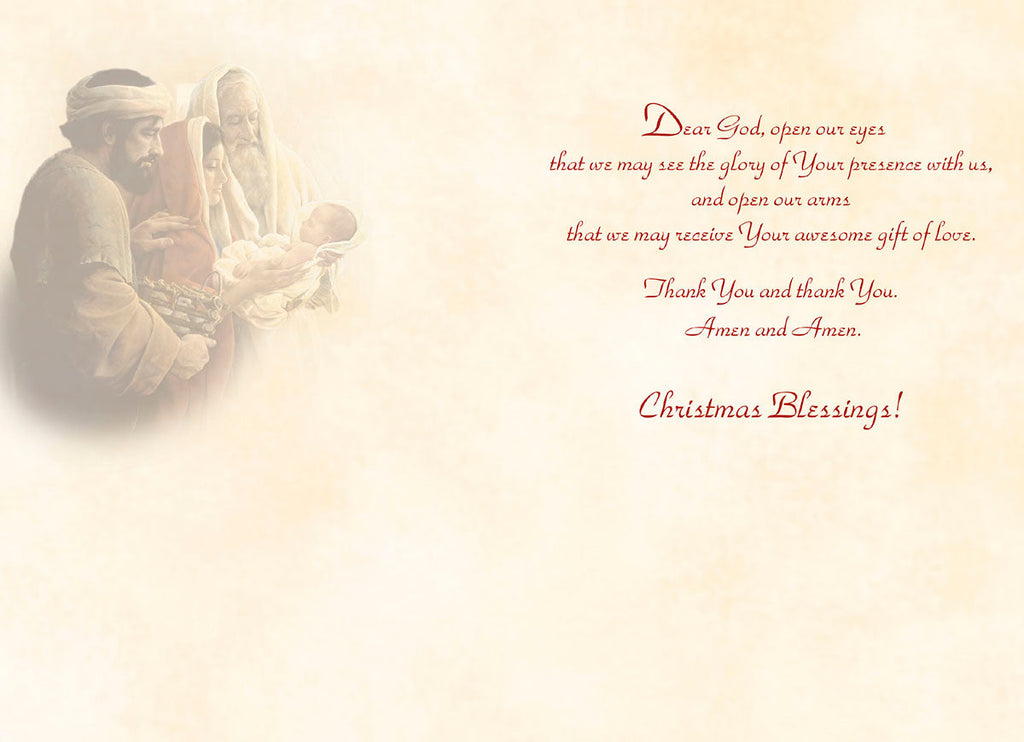 Inside of a religious Christmas greeting card featuring a faded Nativity scene and a heartfelt spiritual message: 'Dear God, open our eyes... that we may receive Your awesome gift of love. Thank You and thank You. Amen and Amen. Christmas Blessings!'. Perfect for sharing deep faith and well wishes.