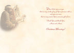 Inside of a religious Christmas greeting card featuring a faded Nativity scene and a heartfelt spiritual message: 'Dear God, open our eyes... that we may receive Your awesome gift of love. Thank You and thank You. Amen and Amen. Christmas Blessings!'. Perfect for sharing deep faith and well wishes.