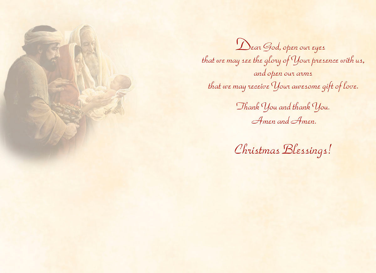 Inside of a religious Christmas greeting card featuring a faded Nativity scene and a heartfelt spiritual message: 'Dear God, open our eyes... that we may receive Your awesome gift of love. Thank You and thank You. Amen and Amen. Christmas Blessings!'. Perfect for sharing deep faith and well wishes.