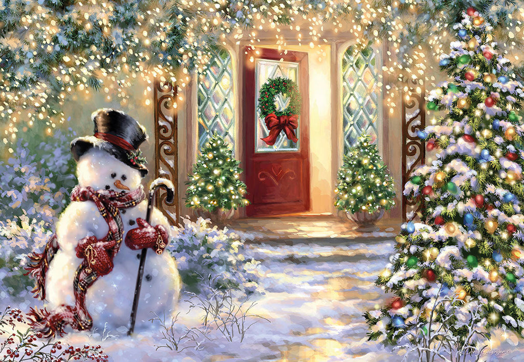 Festive winter wonderland greeting card featuring a charming snowman in a top hat and scarf, standing outside a cozy house adorned with twinkling lights, a decorated red door wreath, and a vibrant holiday tree, evoking warmth and seasonal cheer.
