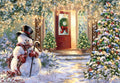 Festive winter wonderland greeting card featuring a charming snowman in a top hat and scarf, standing outside a cozy house adorned with twinkling lights, a decorated red door wreath, and a vibrant holiday tree, evoking warmth and seasonal cheer.