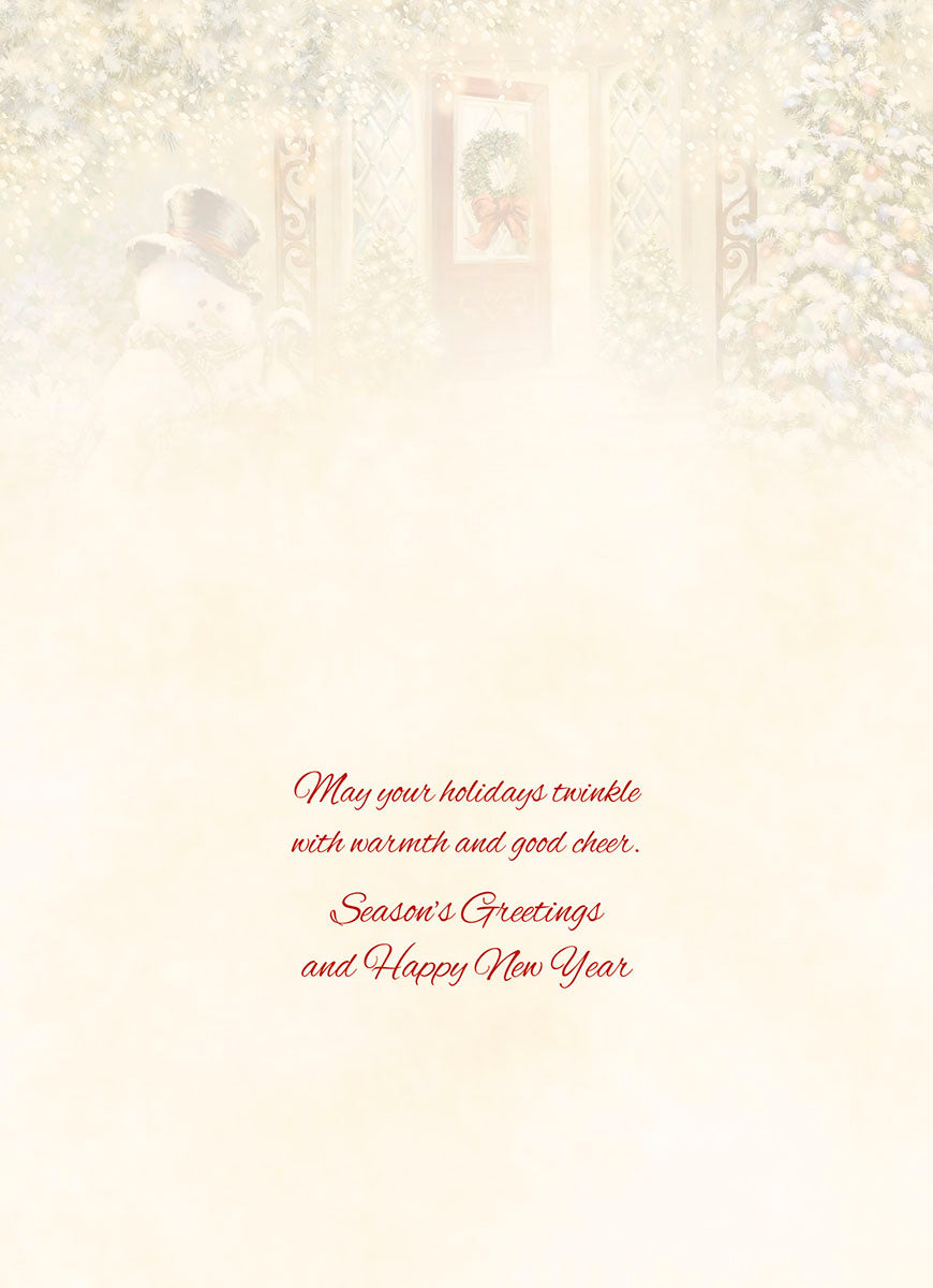 Inside view of a holiday greeting card with a heartwarming message in elegant red script: 'May your holidays twinkle with warmth and good cheer. Season's Greetings and Happy New Year,' against a soft, festive background.