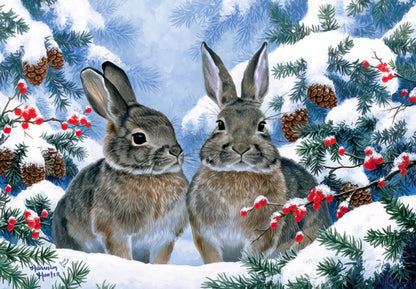 Pair of Rabbits Sitting in Snowy Pine with Red Berries Christmas Card