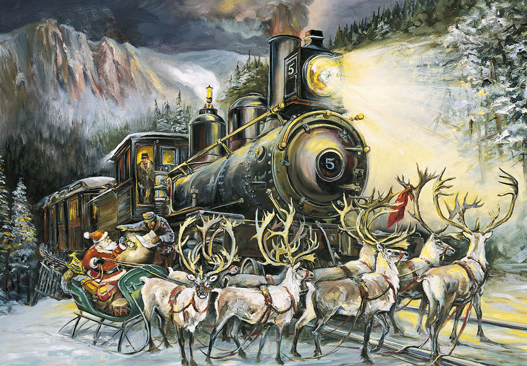 Enchanting holiday greeting card featuring Santa Claus in his sleigh, drawn by a team of reindeer, all connected to a vintage steam train barreling through a snowy, moonlit mountain forest, evoking classic holiday magic.