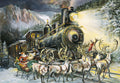 Enchanting holiday greeting card featuring Santa Claus in his sleigh, drawn by a team of reindeer, all connected to a vintage steam train barreling through a snowy, moonlit mountain forest, evoking classic holiday magic.