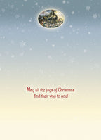 Inside view of a festive greeting card with a heartwarming message, 'May all the joys of Christmas find their way to you!', surrounded by delicate snowflake patterns and a miniature oval image of the Santa, reindeer, and train scene.