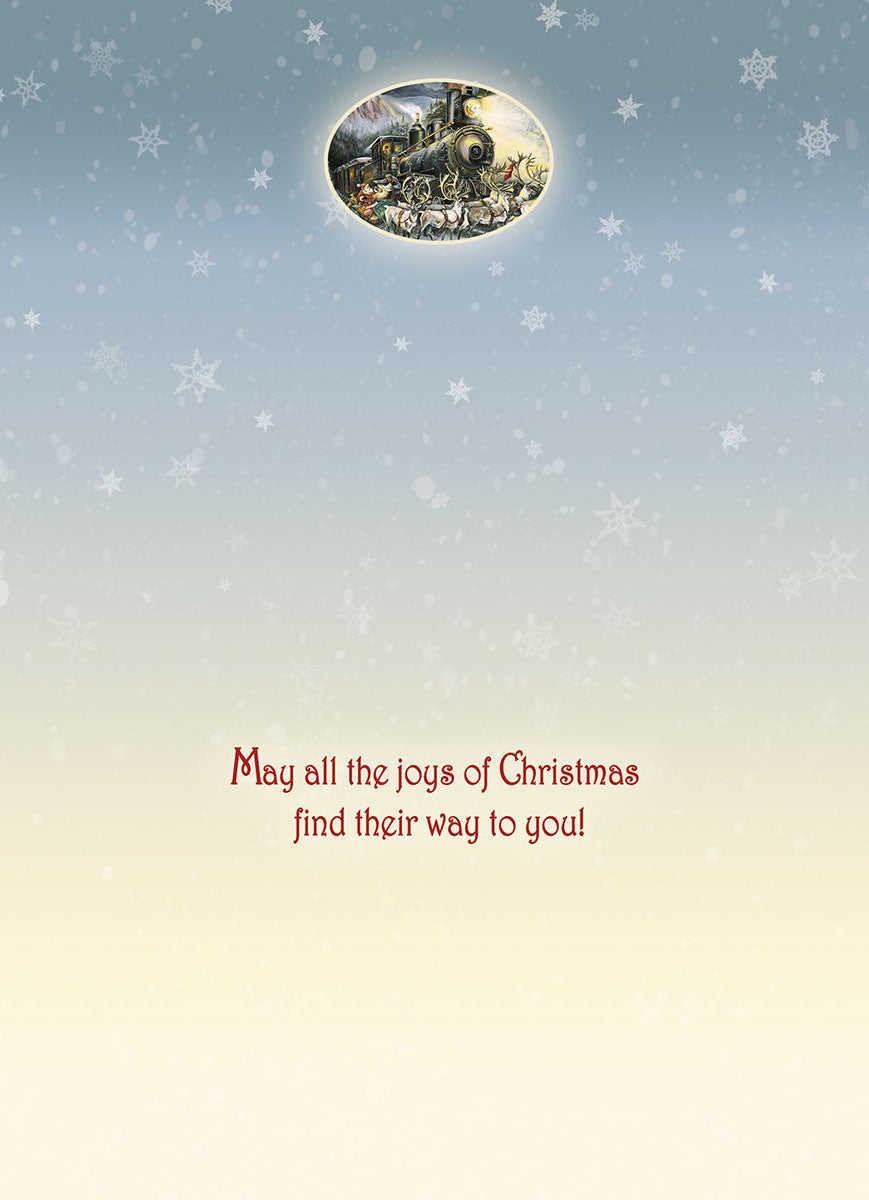Inside view of a festive greeting card with a heartwarming message, 'May all the joys of Christmas find their way to you!', surrounded by delicate snowflake patterns and a miniature oval image of the Santa, reindeer, and train scene.