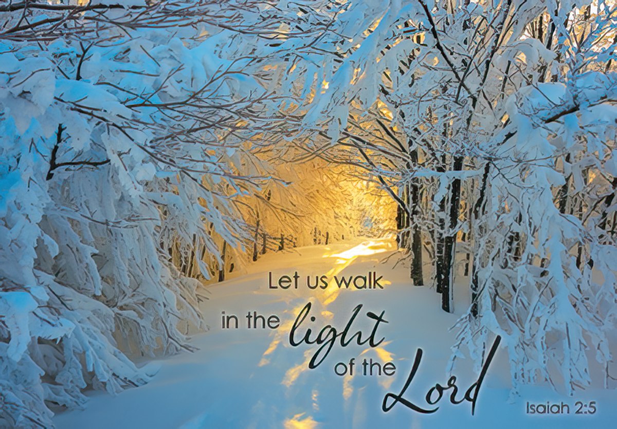Scenic winter landscape greeting card with snow-laden trees and a glowing path, featuring the scripture 'Let us walk in the light of the Lord Isaiah 2:5'.
