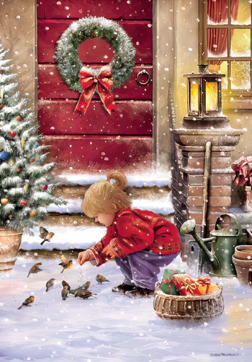 Little Girl Feeding Birds on Porch Stoop Christmas Card