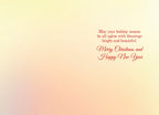 Inside of a holiday greeting card with elegant red script text: 'May your holiday season be all aglow with blessings bright and beautiful. Merry Christmas and Happy New Year', on a subtle light yellow and pink gradient background.