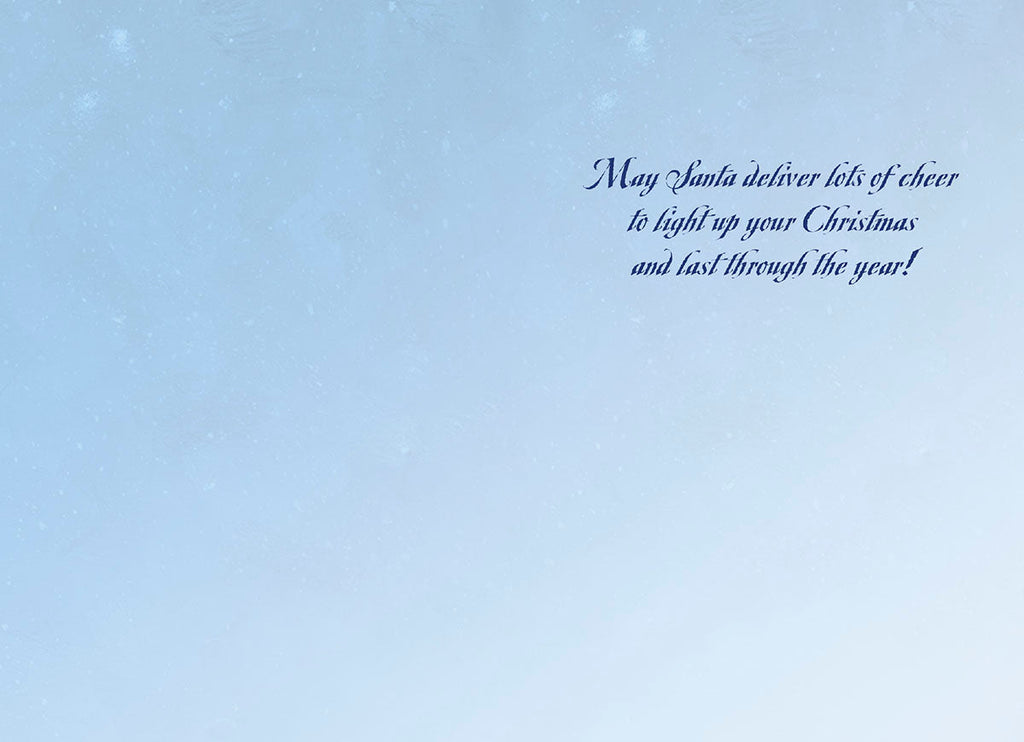 Interior of a festive greeting card with a heartfelt message: 'May Santa deliver lots of cheer to light up your Christmas and last through the year!' in elegant blue script against a light blue snowy background.