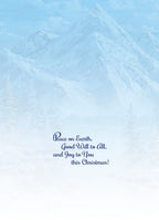 Inside of a holiday greeting card with a serene blue winter background, displaying the heartfelt message: 'Peace on Earth, Good Will to All, and Joy to You this Christmas!' in elegant script.