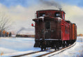 Vintage red caboose train traveling through a snowy winter landscape, artistic illustration on a Christmas greeting card.