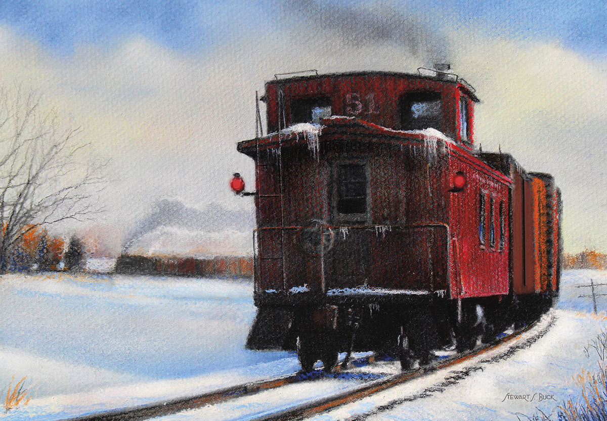 Vintage red caboose train traveling through a snowy winter landscape, artistic illustration on a Christmas greeting card.
