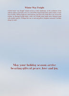 Inside of a holiday greeting card featuring the message 'May your holiday season arrive bearing gifts of peace, love and joy.' with a brief story about a 'Winter Way Freight' train.