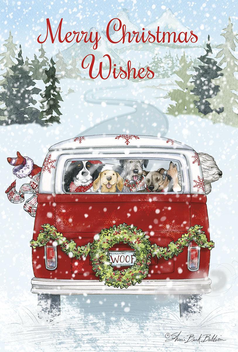 Merry Christmas Wishes Dogs Packed in Van Christmas Card