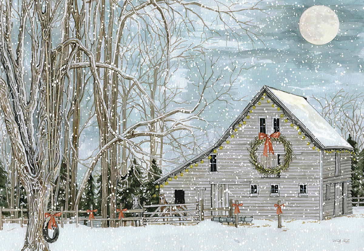 Winter wonderland greeting card featuring a snow-covered barn with a festive wreath, string lights, and a full moon, perfect for holiday greetings.