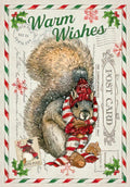 Adorable vintage-style holiday greeting card featuring a fluffy squirrel wearing a festive red and white striped hat and scarf, clutching an acorn. The card design includes "Warm Wishes" text, snowflakes, holly, and a "North Pole" postmark, all framed by classic red and green candy cane stripes. Perfect for sending cheerful winter greetings to children.