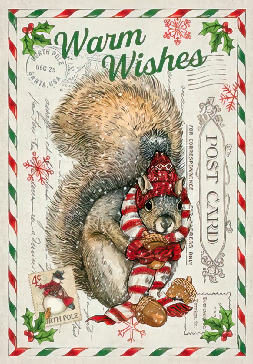 Adorable vintage-style holiday greeting card featuring a fluffy squirrel wearing a festive red and white striped hat and scarf, clutching an acorn. The card design includes "Warm Wishes" text, snowflakes, holly, and a "North Pole" postmark, all framed by classic red and green candy cane stripes. Perfect for sending cheerful winter greetings to children.