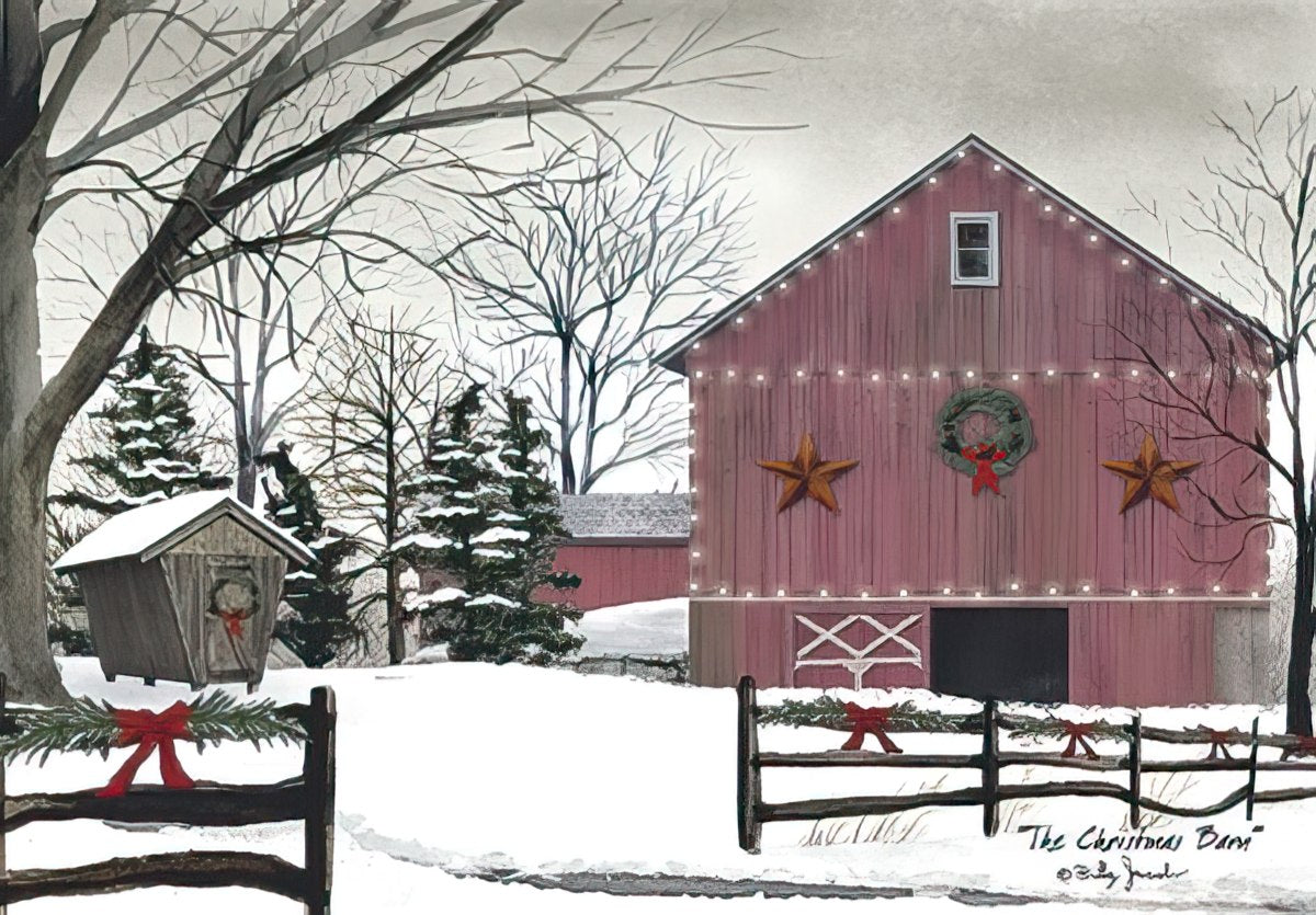 Peaceful Christmas Red Barn with Wreath Christmas Card