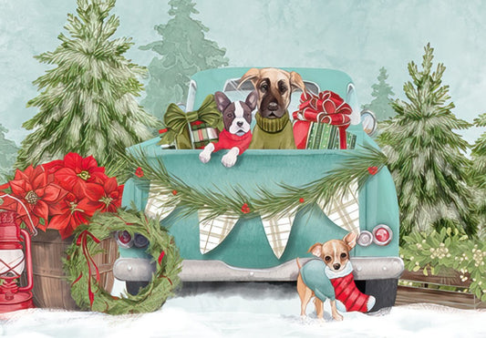 Tis the Season Dogs in Bed of Vintage Truck Christmas Card