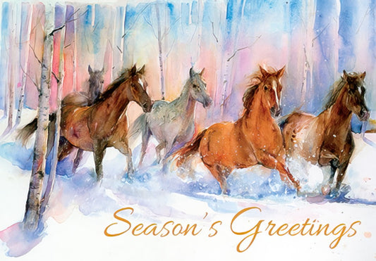 Horses Running Through Snowy Woods Christmas Card