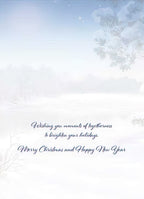 Inside of a greeting card featuring a soft blue and white winter background with subtle frosted pine branches. The elegant script reads: "Wishing you moments of togetherness to brighten your holidays. Merry Christmas and Happy New Year".
