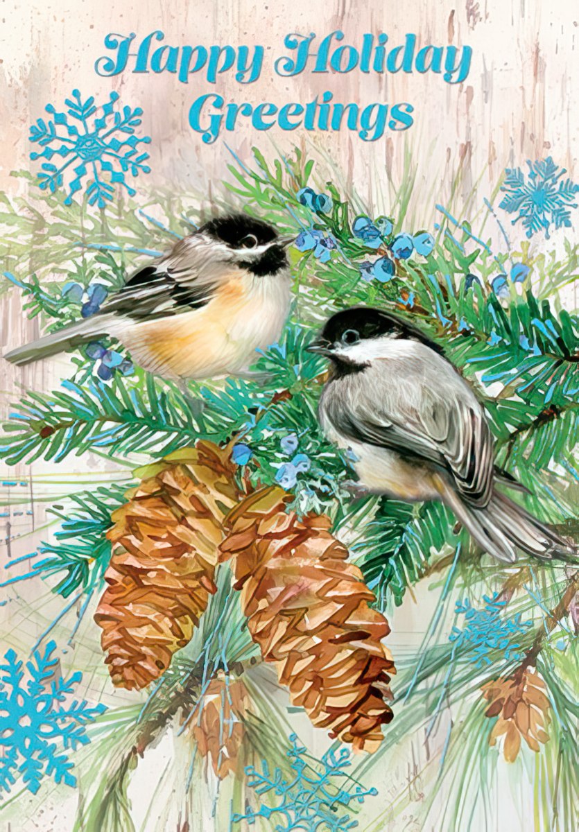 two chickadees perched on pine bough with cones
