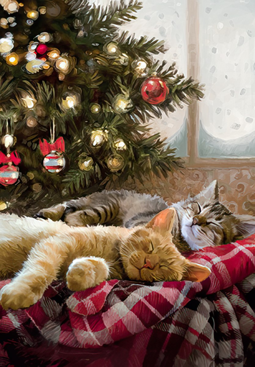 Cozy Comfy Holiday Season Snuggling Cats Christmas Card