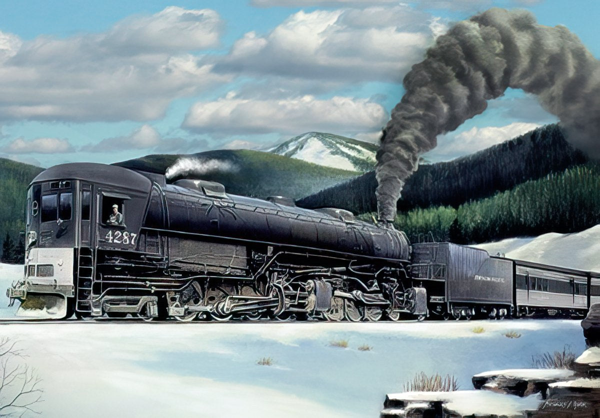 steam engine locomotive in snowy mountains