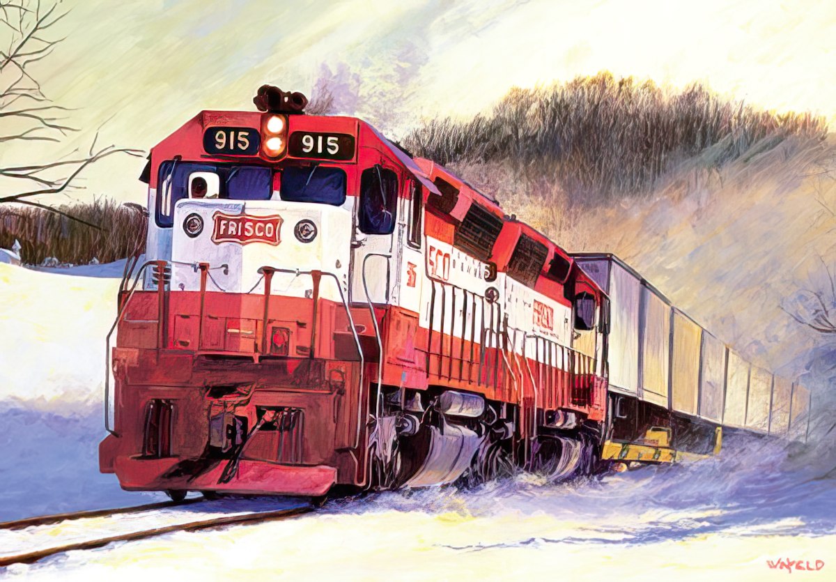 fine art painting of red train traveling through snowy landscape