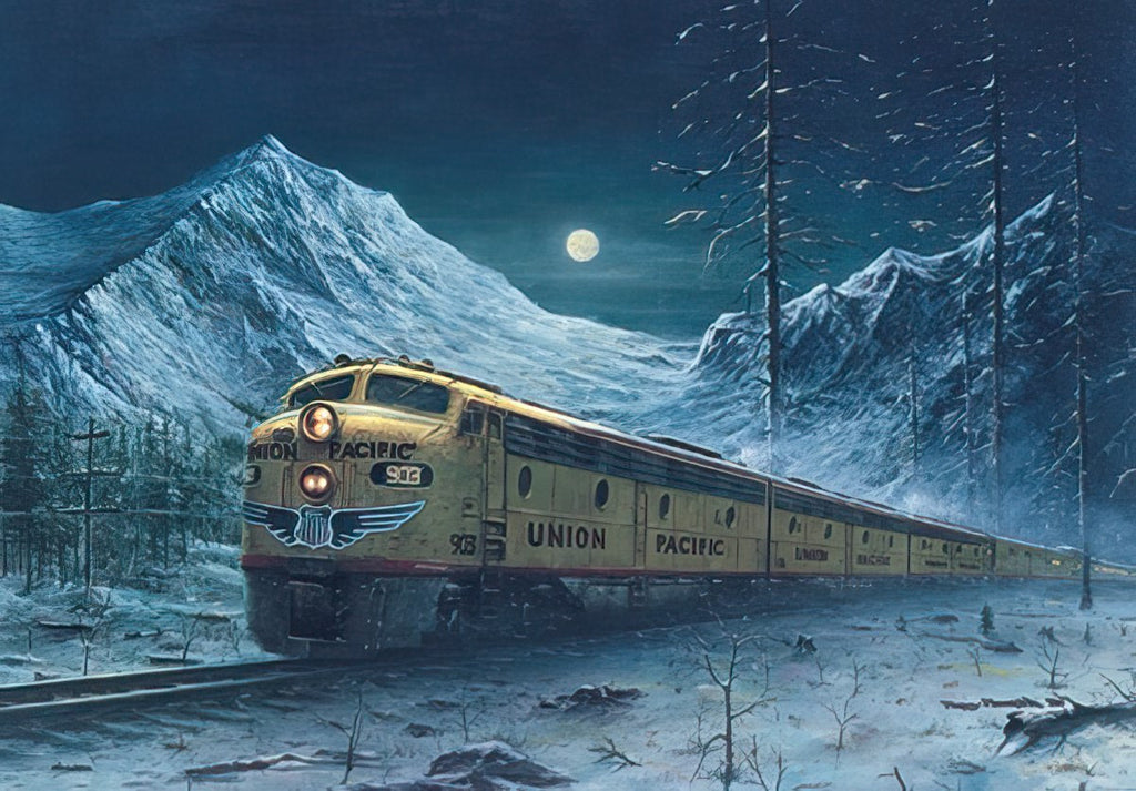 Majestic Union Pacific E-9 diesel train traveling through a snow-covered mountain landscape under a bright full moon, capturing a serene winter journey scene for a holiday greeting card.