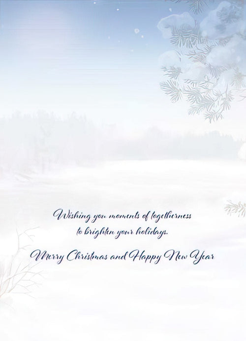 Inside of a holiday greeting card with a gentle snowy forest background and a heartfelt message: 'Wishing you moments of togetherness to brighten your holidays. Merry Christmas and Happy New Year'.