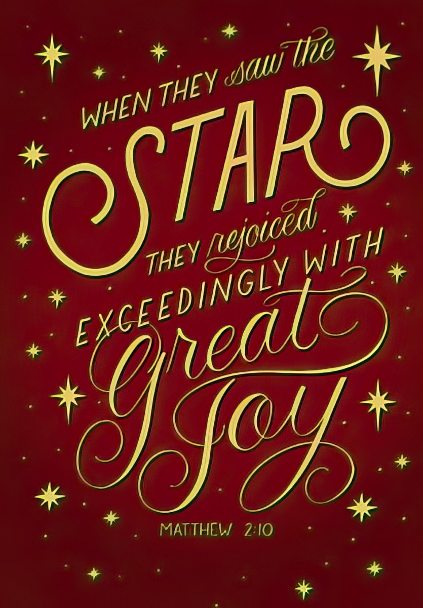 contemporary typography of matthew 2:10 on dark red with gold stars