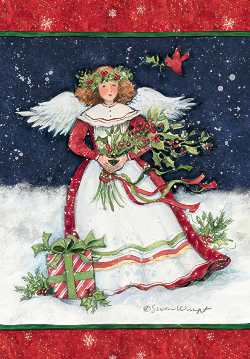 angel holding holly bouquet in snow