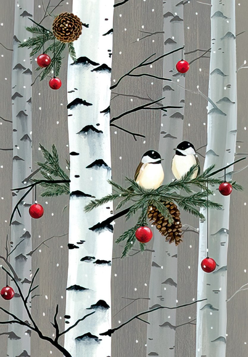 Pair of Chickadees in Birch Trees Christmas Card